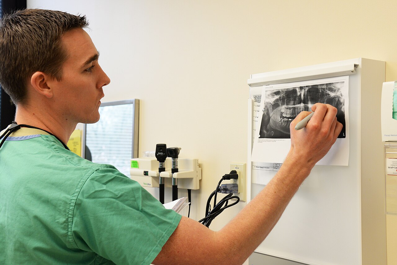 Dentist pointing out teeth on a panoramic dental X-ray before an extraction.